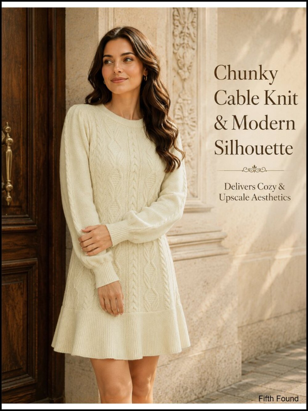 Cable Knit Puff Sleeve Mini Sweater Dress A-Line Crew Neck - Picture 6 of 6